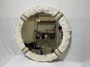 Round White Lime Stone Travertine Brass Accent Heavy Wall Mirror