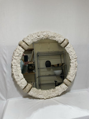 Round White Lime Stone Travertine Brass Accent Heavy Wall Mirror