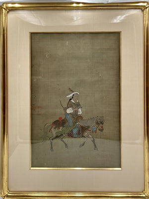 19th C. Chinese Watercolor on Silk Mongolian Hunter (D-4)