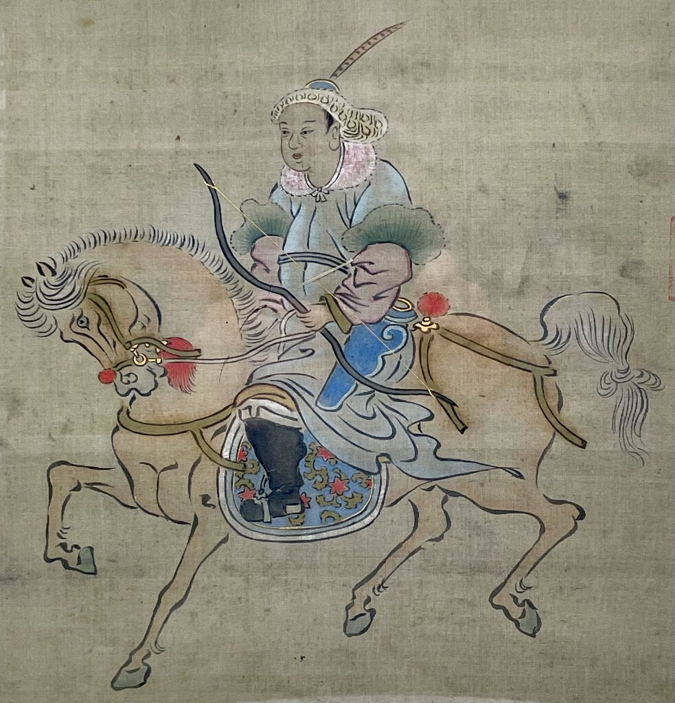 19th C. Chinese Watercolor on Silk Mongolian Hunter (F-6)