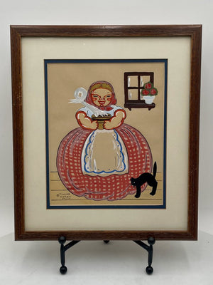 Yvonne Kehew Original Russian Folk Art Watercolor "Woman and Black Cat" 1940's