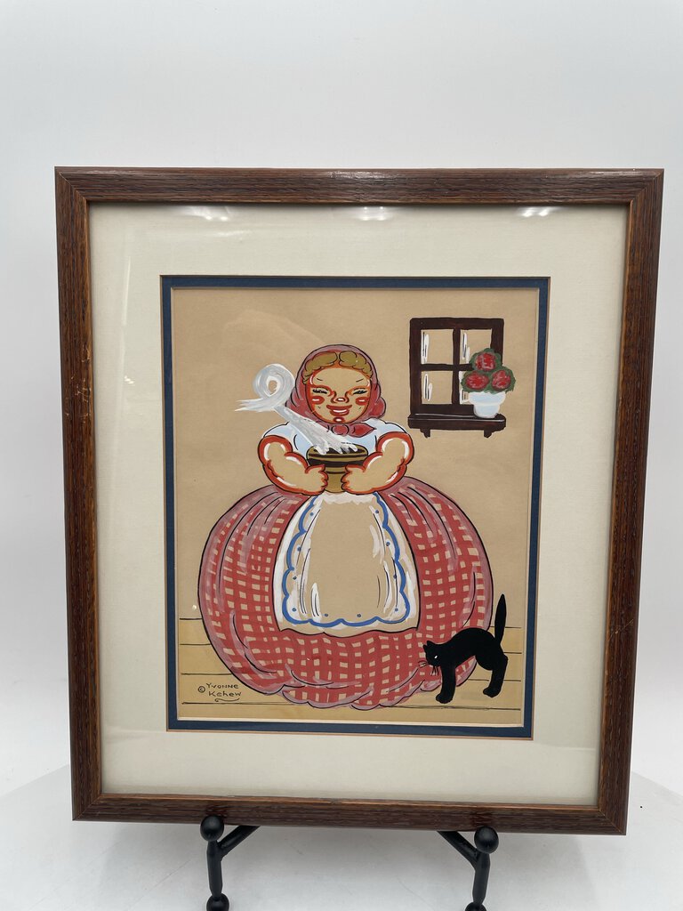 Yvonne Kehew Original Russian Folk Art Watercolor "Woman and Black Cat" 1940's