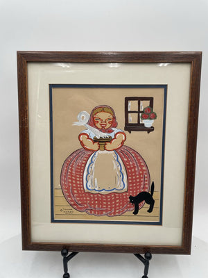 Yvonne Kehew Original Russian Folk Art Watercolor "Woman and Black Cat" 1940's