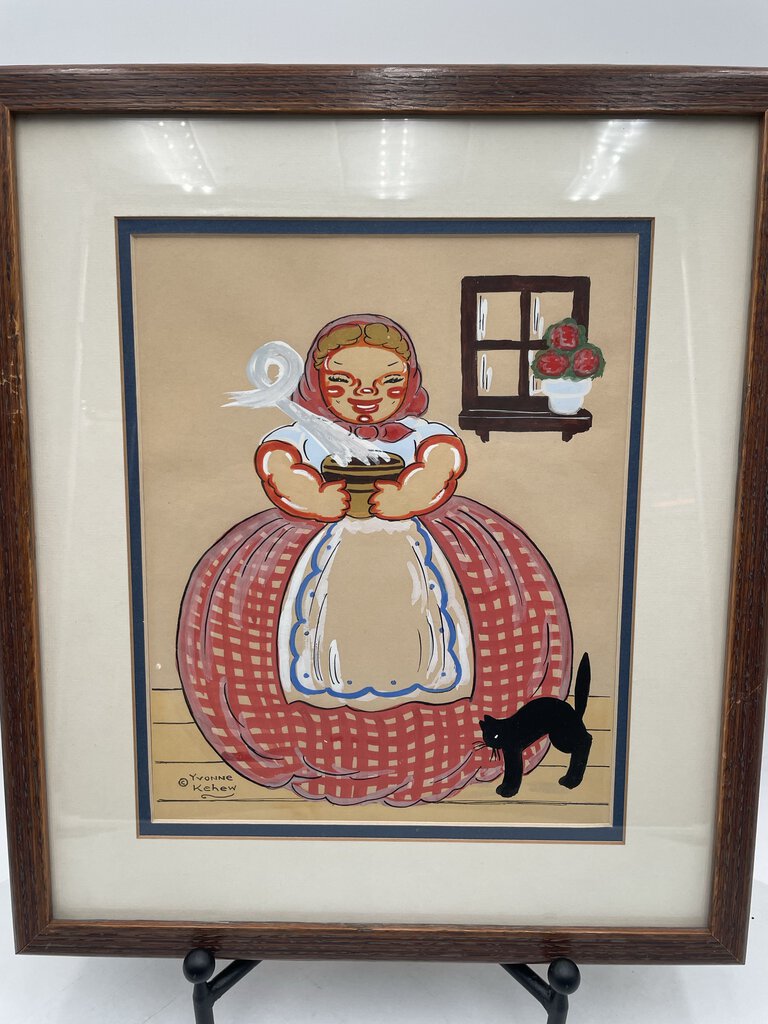 Yvonne Kehew Original Russian Folk Art Watercolor "Woman and Black Cat" 1940's