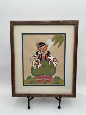 Yvonne Kehew Original Russian Folk Art Watercolor "Pig Farmer" 1940's