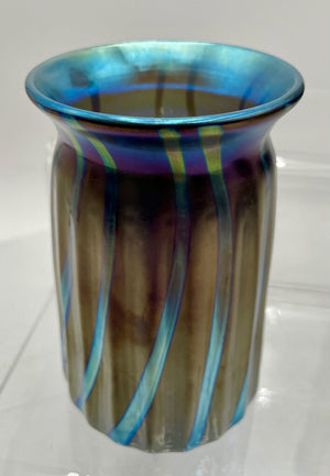 Elaine Hyde Blue Iridescent Fluted Flared Mouth Vase Signed 92'