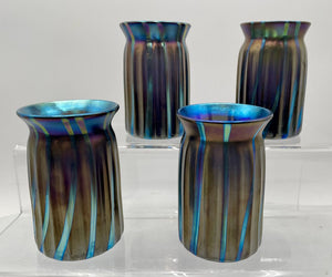 Elaine Hyde Blue Iridescent Fluted Flared Mouth Vase Signed 92'