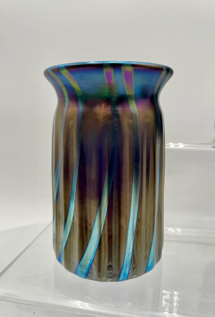 Elaine Hyde Blue Iridescent Fluted Flared Mouth Vase Signed 92'