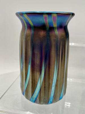 Elaine Hyde Blue Iridescent Fluted Flared Mouth Vase Signed 92'