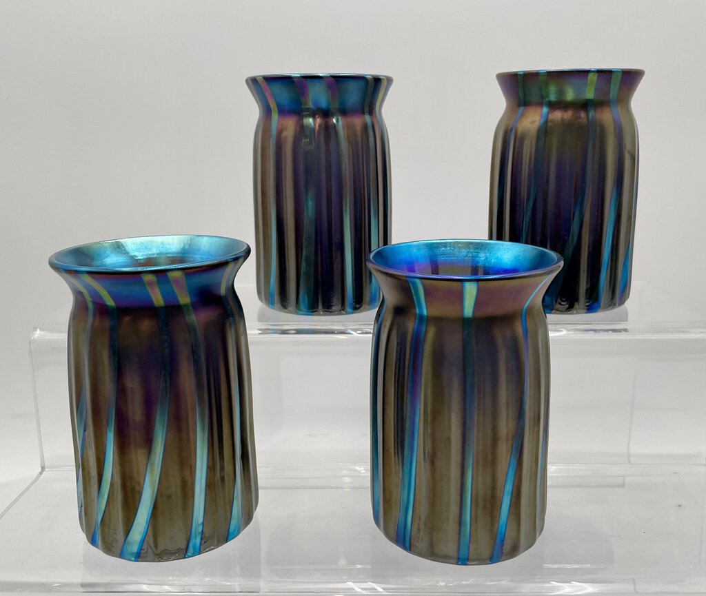 Elaine Hyde Blue Iridescent Fluted Flared Mouth Vase Signed 92'