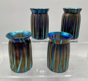 Elaine Hyde Blue Iridescent Fluted Flared Mouth Vase Signed 92'