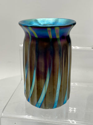 Elaine Hyde Blue Iridescent Fluted Flared Mouth Vase Signed 92'