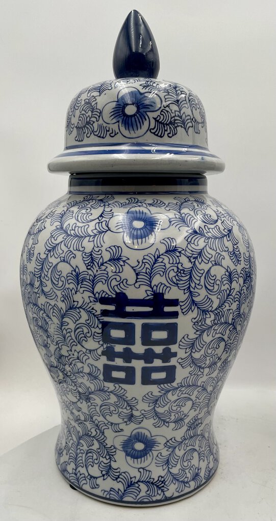 Three Hands Corp. Modern Blue White Double Happiness Porcelain Lidded Ginger Jar