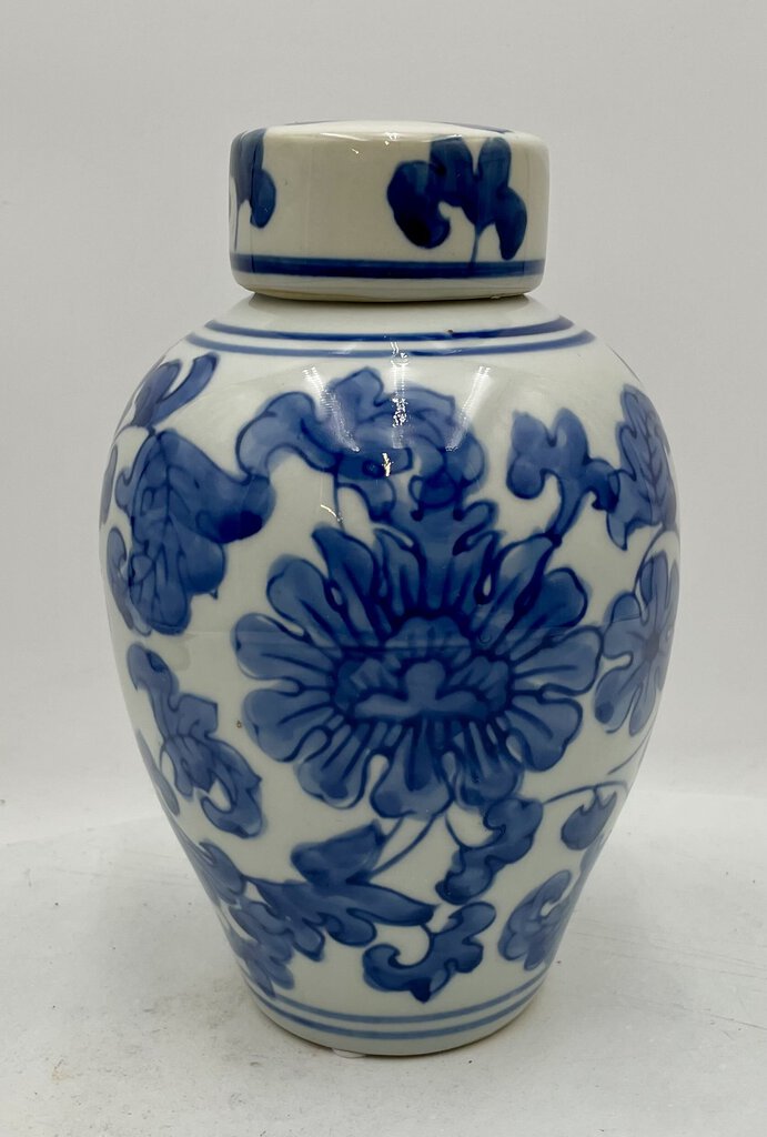 Three Hands Corp Home Goods Modern Blue White Floral Motif Lidded Porcelain Ginger Jar