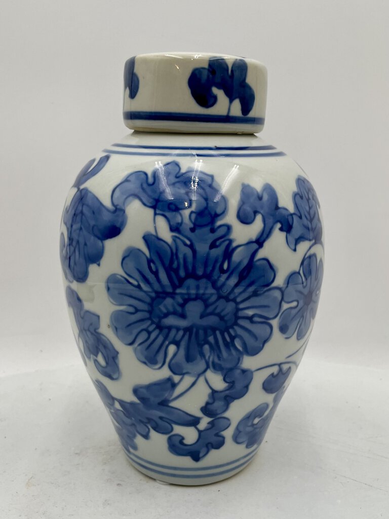 Three Hands Corp Home Goods Modern Blue White Floral Motif Lidded Porcelain Ginger Jar