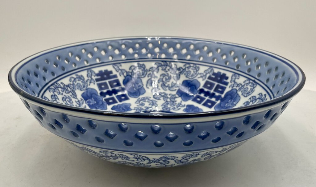 Three Hands Corp. Chinese Modern Pierced Blue White Porcelain Serving Bowl