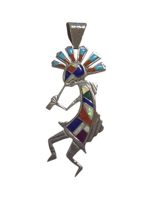 Kokopelli Pendant Sterling silver w/ Turquoise, Coral, Opal, Lapis Lazuli, Malachite