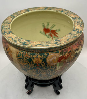 Japanese Satsuma Style Gilt Hand Painted Fish Bowl w/ Lacquered Stand