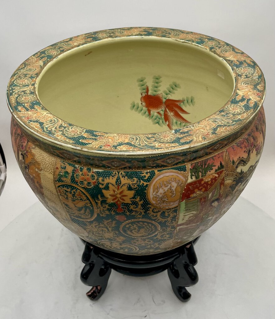 Japanese Satsuma Style Gilt Hand Painted Fish Bowl w/ Lacquered Stand