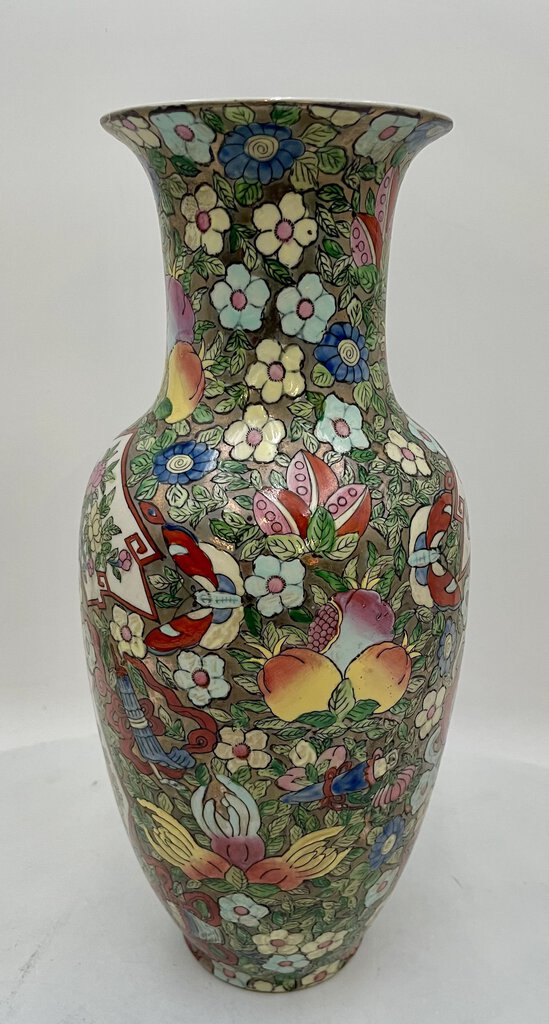 Asian Style Famille Rose Hand Painted Enameled Floral Porcelain Long Neck Vase