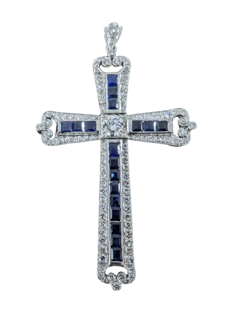 Jeweled Cross Pendant Diamonds & Sapphires Gold & Silver