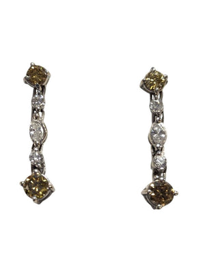 Drop Down Earrings Studs White & Champagne Diamonds 14k Gold