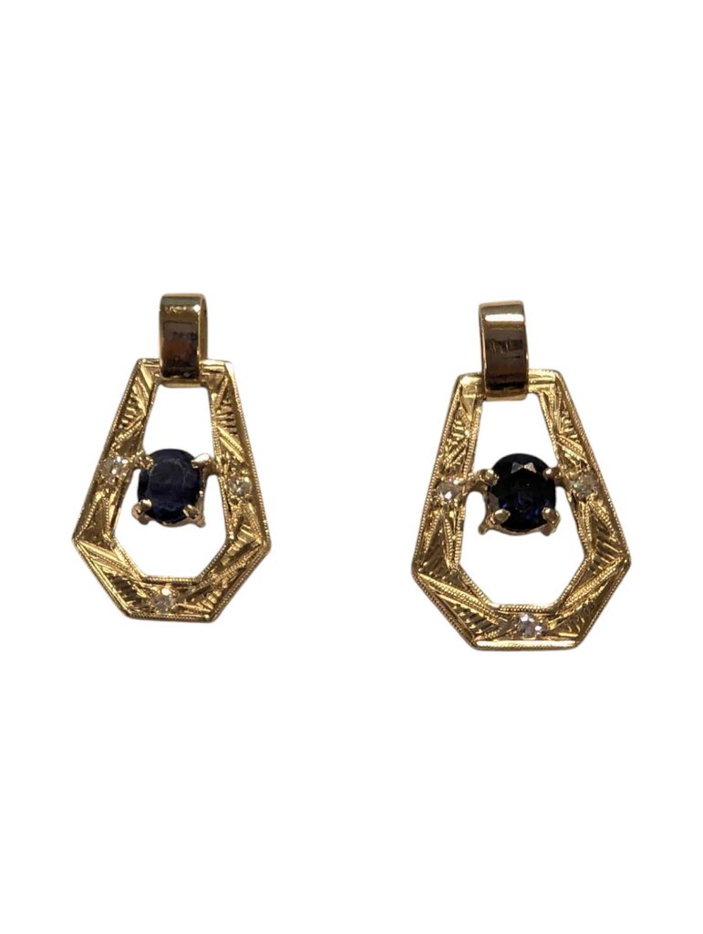 Coffin Shaped Drop Down Earrings w/ Sapphires & Diamonds 14k Gold