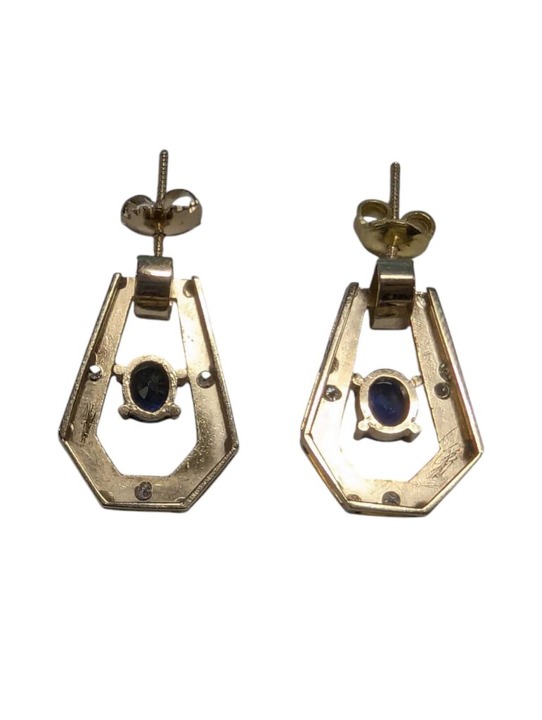 Coffin Shaped Drop Down Earrings w/ Sapphires & Diamonds 14k Gold