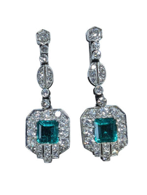 Drop Down Stud Clip Earrings Gold & Platinum w/ Emeralds & Diamonds