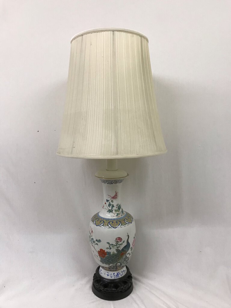 Vintage Chinese Porcelain Famille Peacock Floor Lamp Pair