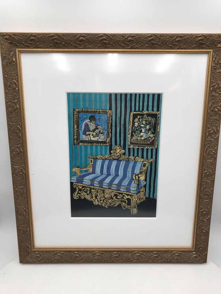 Debra Schaeffer "Blue Striped Couch" Ornately Framed Print 24x21