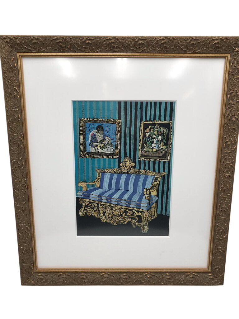 Debra Schaeffer "Blue Striped Couch" Ornately Framed Print 24x21 by Miss Daisy's Consignment & Auction House