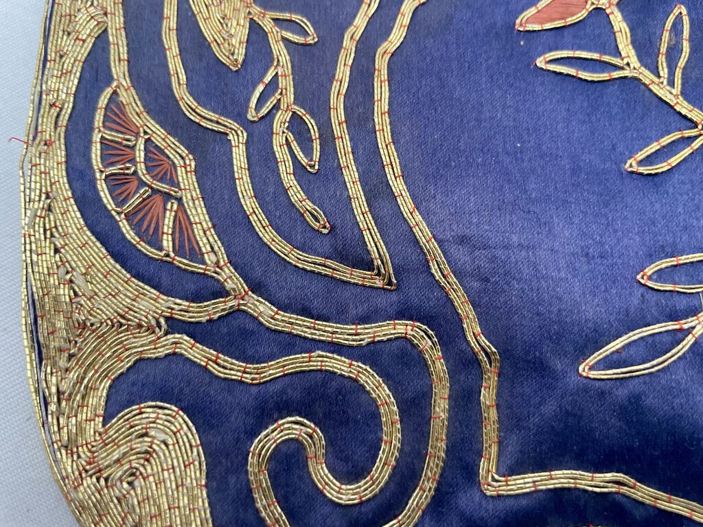 Antique Chinese Hand Embroidered Gold Silk Panel Blue Background Rose Motif 11.5"