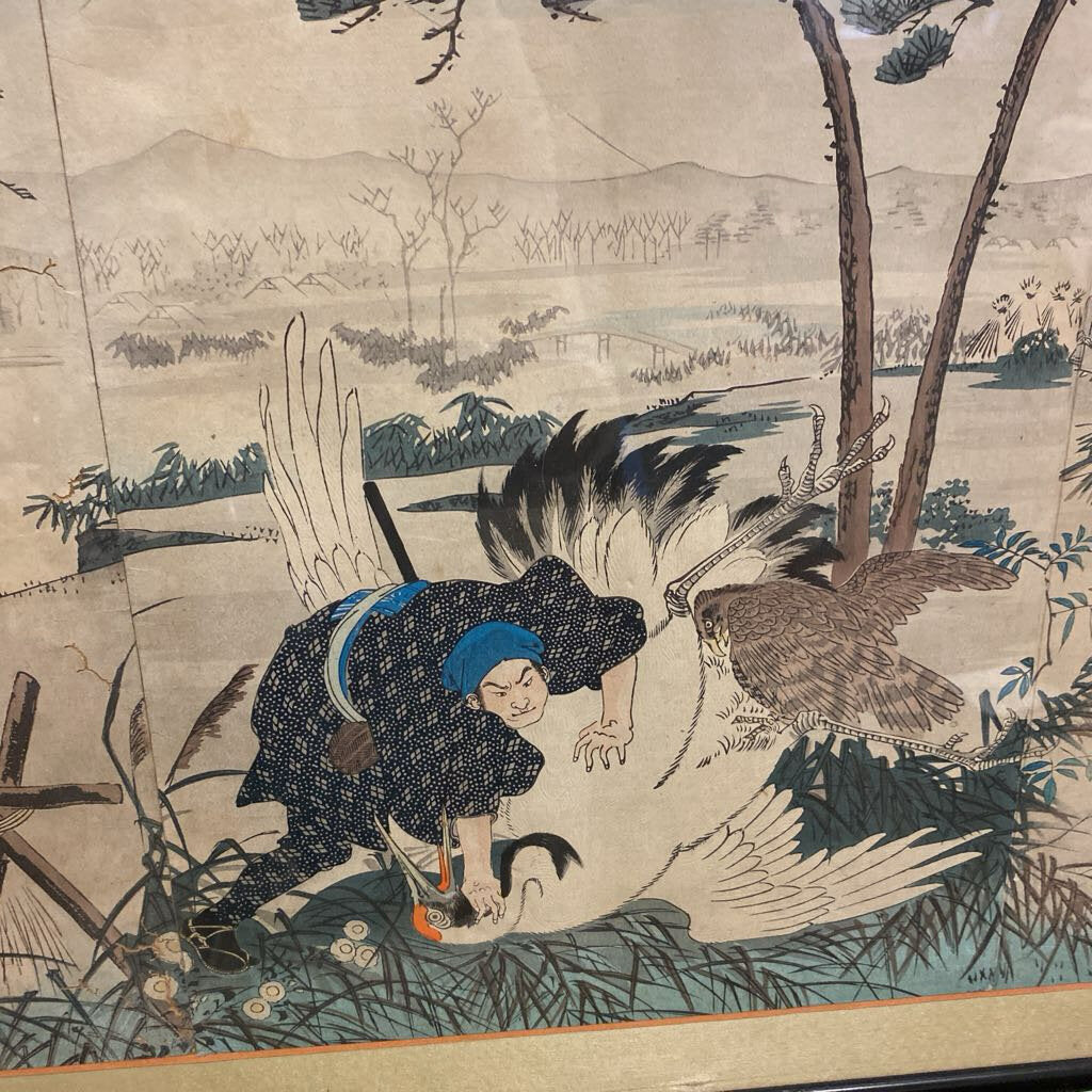 Antique Asian Crane Hunt Triptych 17x31