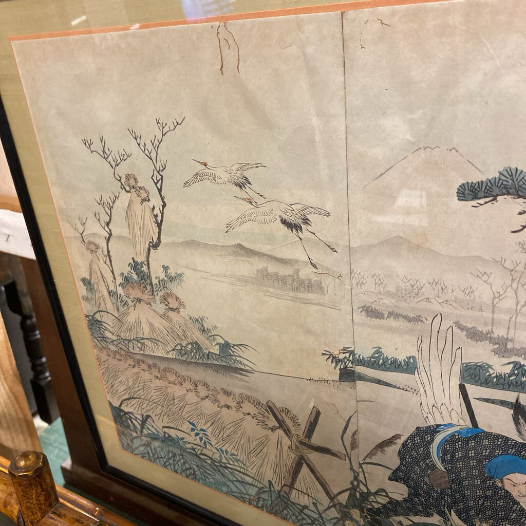 Antique Asian Crane Hunt Triptych 17x31