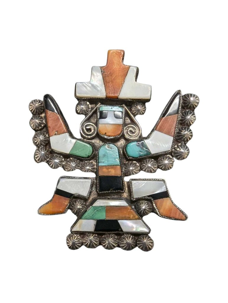 Zuni Kachina Doll Pin Silver w/ Coral, Turquoise, Black Onyx, Mother of Pearl