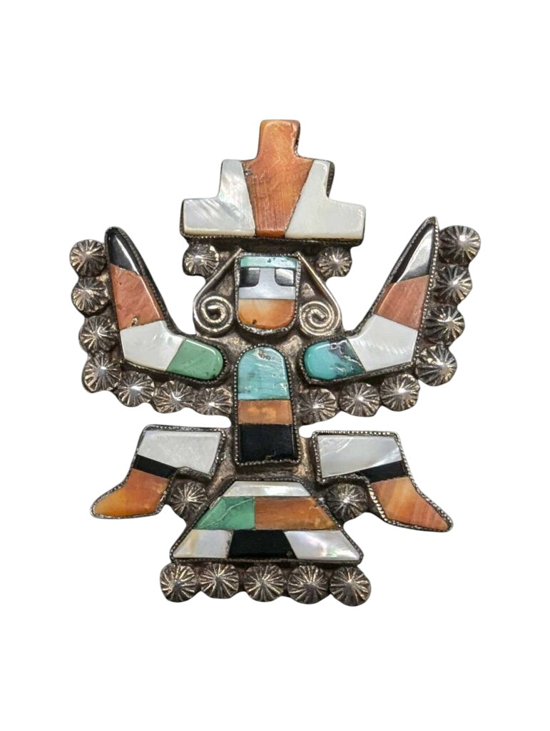 Zuni Kachina Doll Pin Silver w/ Coral, Turquoise, Black Onyx, Mother of Pearl by Miss Daisy's Consignment & Auction House