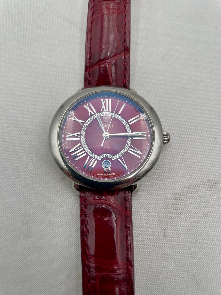 Michele Red Serein 16 Diamond Dial SS Watch