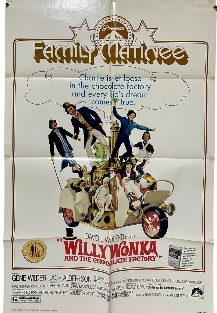 Original 1974 Willy Wonka and The Chocolate Factory One Sheet Movie Poster Near Mint Folded