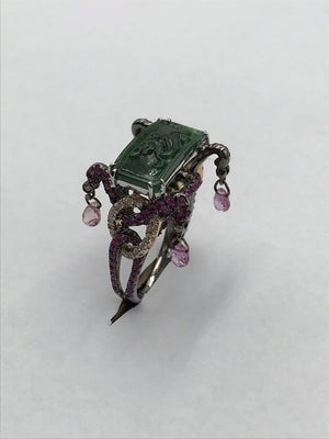 Asian 18K Gold Ring W/ Diamonds, Jadeite & Sapphires