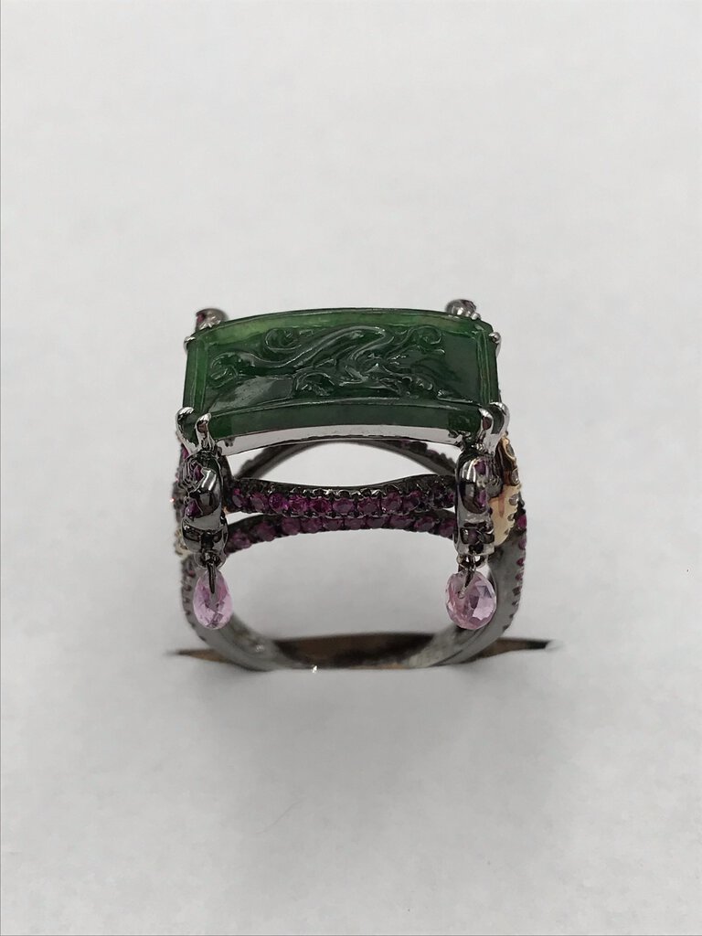 Asian 18K Gold Ring W/ Diamonds, Jadeite & Sapphires