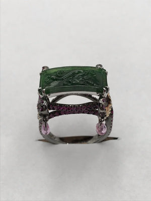 Asian 18K Gold Ring W/ Diamonds, Jadeite & Sapphires