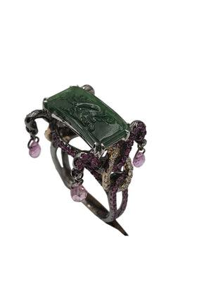 Asian 18K Gold Ring W/ Diamonds, Jadeite & Sapphires