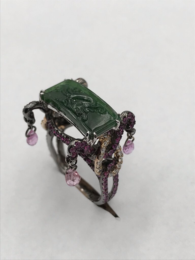Asian 18K Gold Ring W/ Diamonds, Jadeite & Sapphires