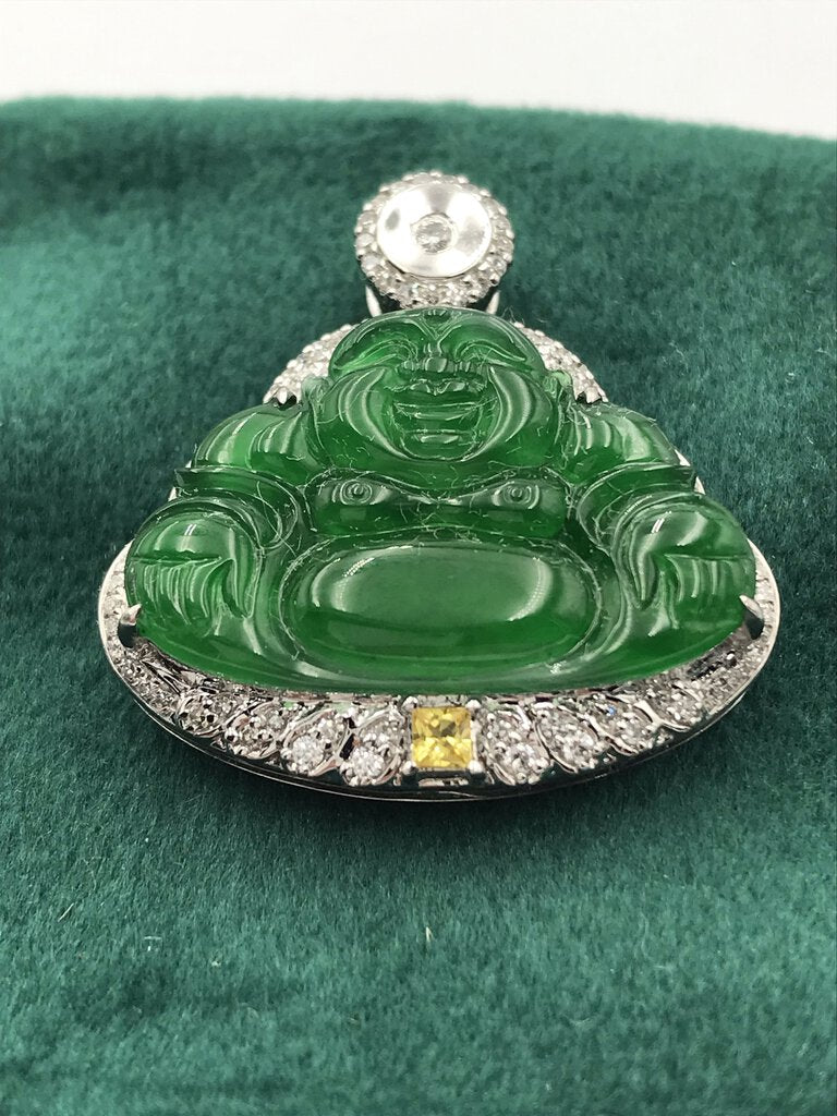 18K Gold Jadeite Bhudda W/ Diamonds & Yellow Sapphire