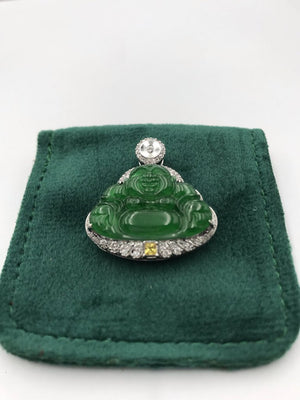 18K Gold Jadeite Bhudda W/ Diamonds & Yellow Sapphire