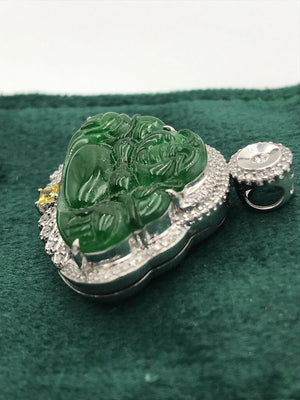 18K Gold Jadeite Bhudda W/ Diamonds & Yellow Sapphire