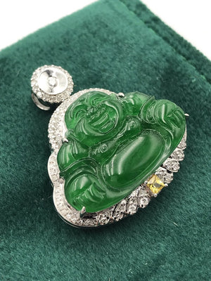 18K Gold Jadeite Bhudda W/ Diamonds & Yellow Sapphire