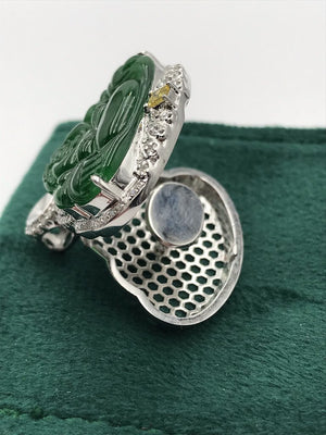 18K Gold Jadeite Bhudda W/ Diamonds & Yellow Sapphire