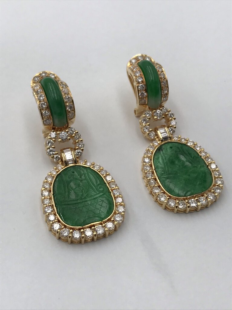 18K Gold Jadeite & Diamond Earring Pair